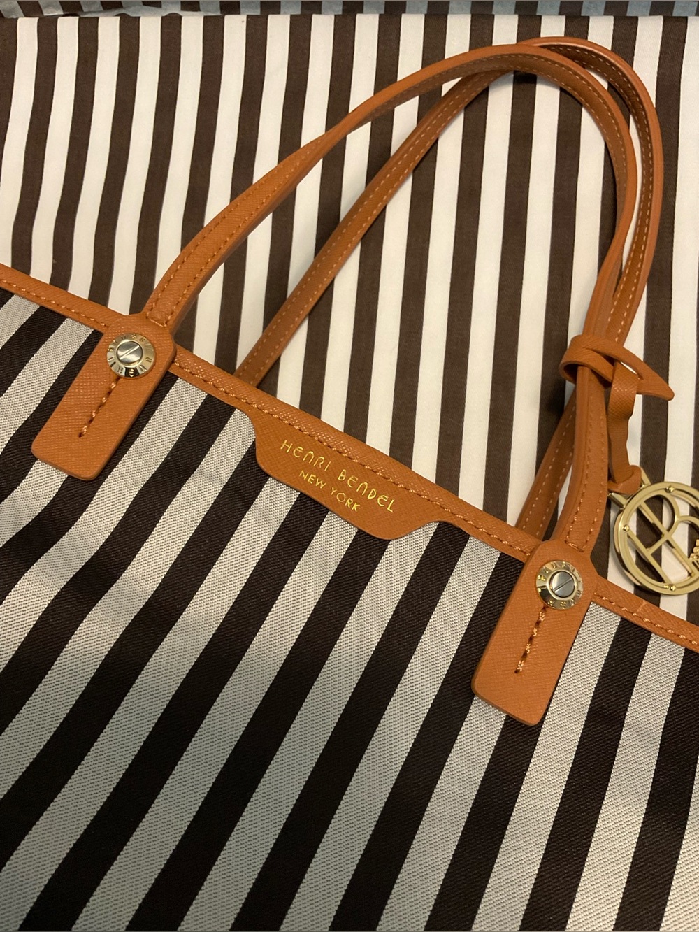 Henri Bendel Mink and Silver Premium Stripe Tote with  Chestnut Saffiano Trim - Picture 11 of 16